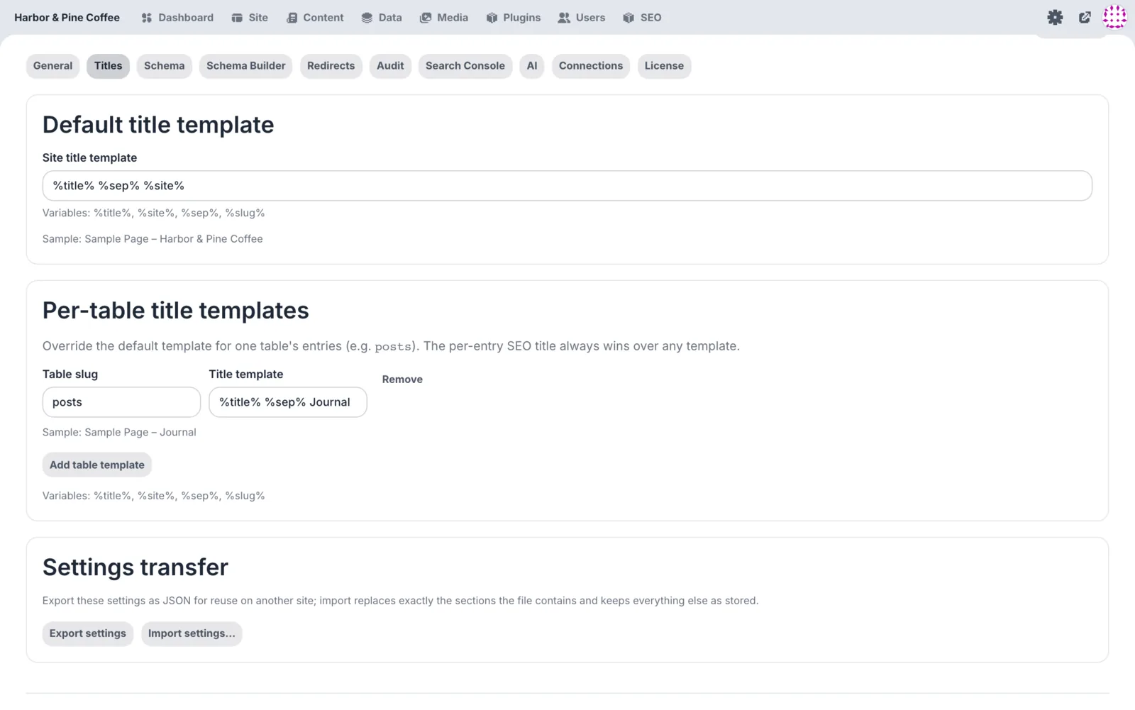 Vantage SEO titles and meta settings with title templates for pages and journal posts