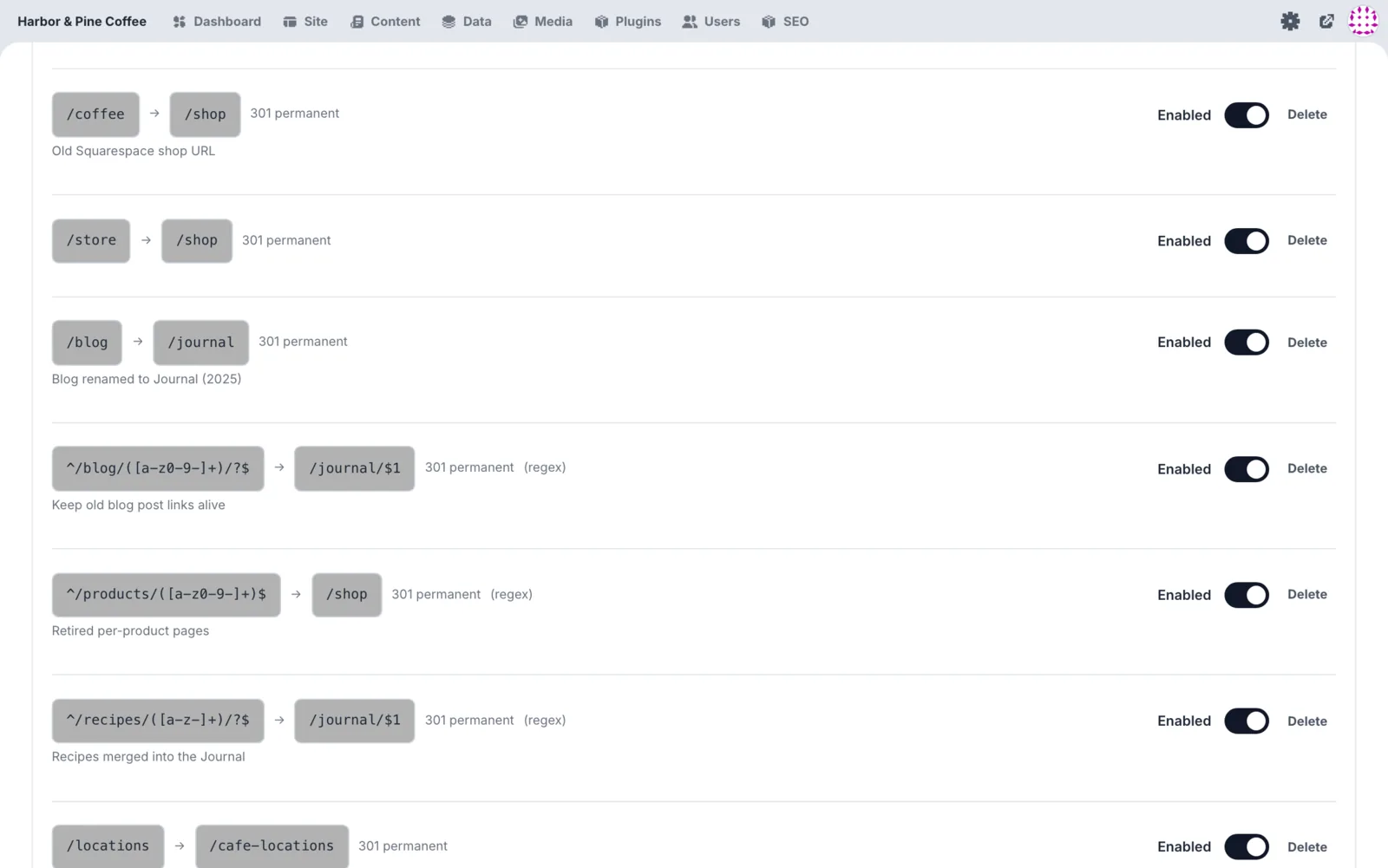 Redirect manager with exact and regex redirect rules