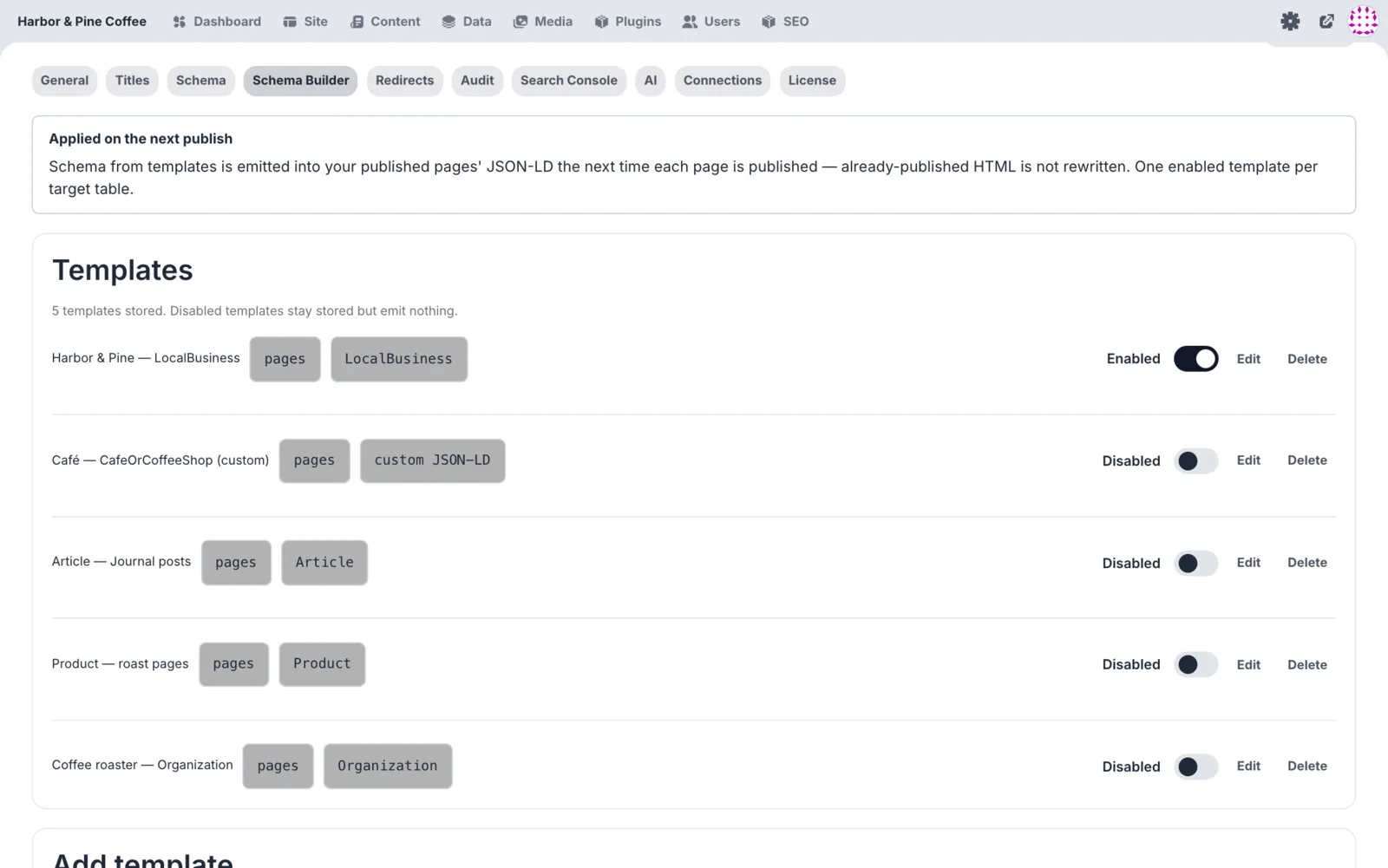 Schema builder with LocalBusiness, Article, Product and Organization templates